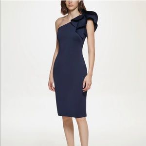 NWT Eliza J One Shoulder Cocktail Dress With Ruffle Navy Size 4
